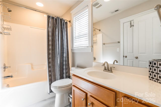 full bath featuring shower / bathtub combination with curtain, visible vents, vanity, and toilet