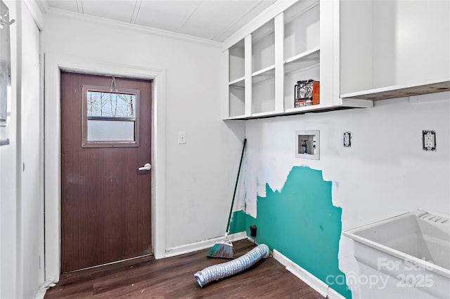 laundry room with wood finished floors, laundry area, ornamental molding, and hookup for a washing machine