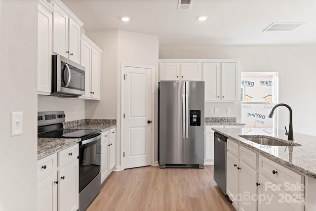 kitchen with white cabinetry, visible vents, appliances with stainless steel finishes, and a sink