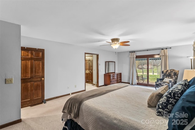 bedroom with a ceiling fan, access to outside, light colored carpet, and baseboards