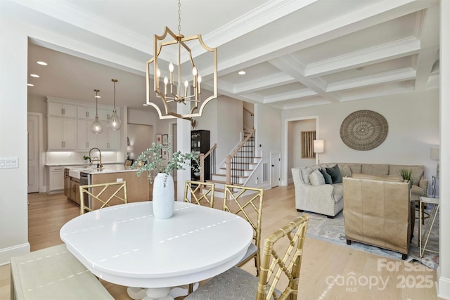 dining space with stairway, recessed lighting, beamed ceiling, and light wood-type flooring