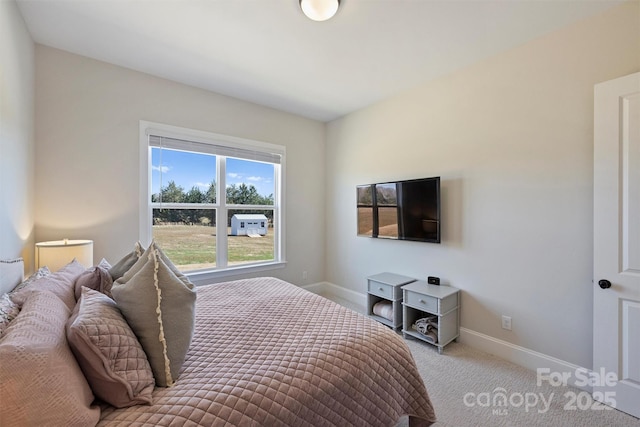 bedroom with baseboards and light colored carpet