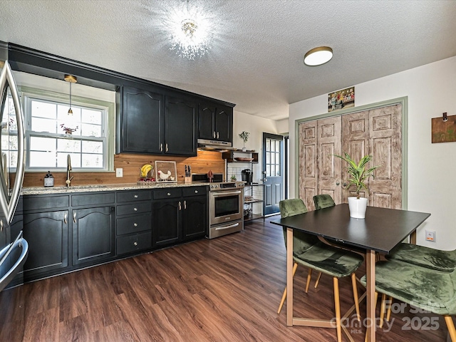 kitchen with stainless steel range with electric stovetop, dark cabinetry, dark wood-style floors, fridge, and a sink