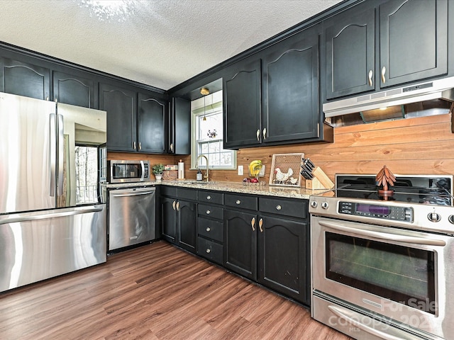 kitchen with dark wood-style floors, light stone countertops, a sink, under cabinet range hood, and appliances with stainless steel finishes