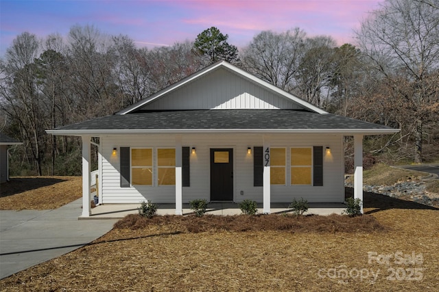 view of front of house featuring covered porch and roof with shingles