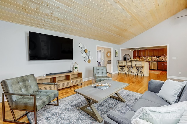 living area with light wood-style floors, wood ceiling, baseboards, and vaulted ceiling