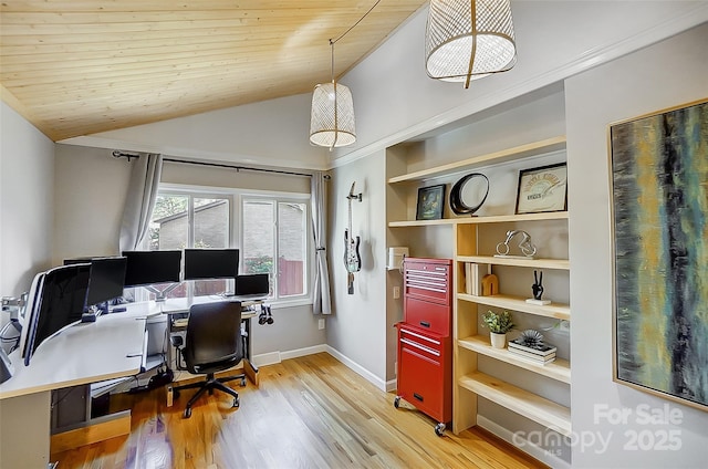 office featuring vaulted ceiling, wood finished floors, wood ceiling, and baseboards