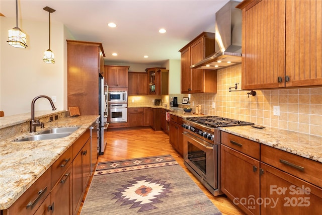 39 Hawks Pointe Ln, Weaverville, NC 28787 - kitchen featuring appliances with stainless steel finishes, a sink, wall chimney exhaust hood, light stone countertops, and light wood-type flooring