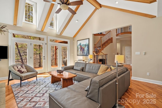 39 Hawks Pointe Ln, Weaverville, NC 28787 - living room featuring stairway, high vaulted ceiling, baseboards, wood finished floors, and a ceiling fan