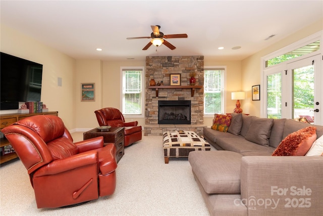 39 Hawks Pointe Ln, Weaverville, NC 28787 - carpeted living area featuring healthy amount of natural light, ceiling fan, a fireplace, and recessed lighting