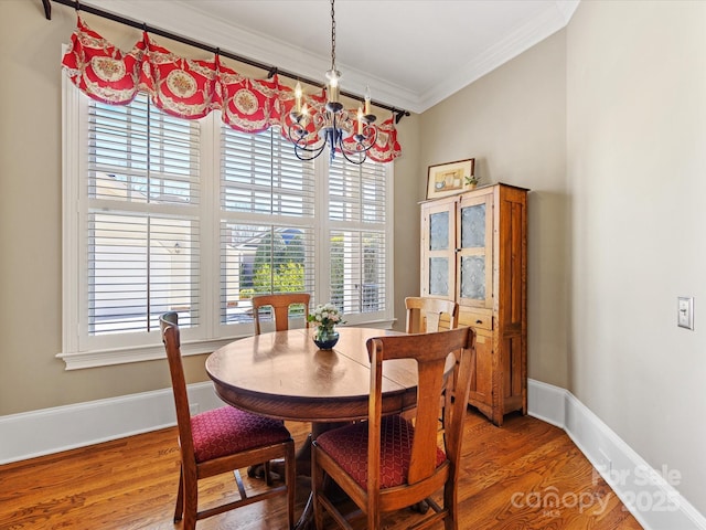 dining room with baseboards, crown molding, and wood finished floors