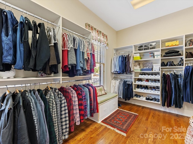 walk in closet with wood finished floors