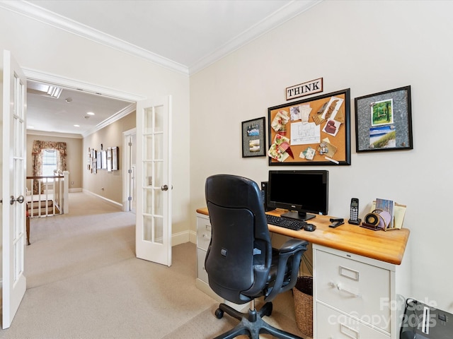 office featuring ornamental molding, carpet, french doors, and baseboards