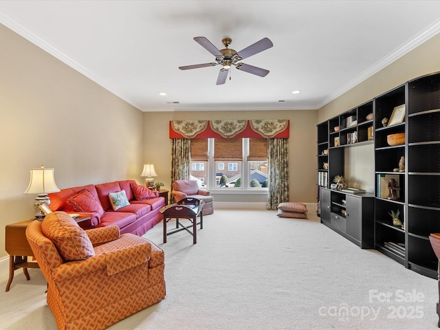 living room featuring recessed lighting, light colored carpet, and crown molding