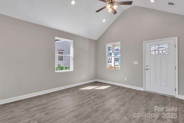 entryway featuring recessed lighting, visible vents, ceiling fan, wood finished floors, and baseboards