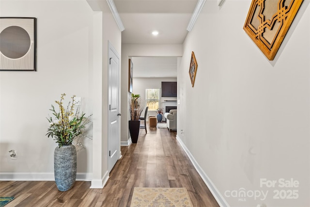 corridor with baseboards, wood finished floors, and crown molding