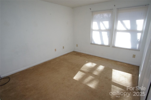 empty room featuring baseboards and light colored carpet