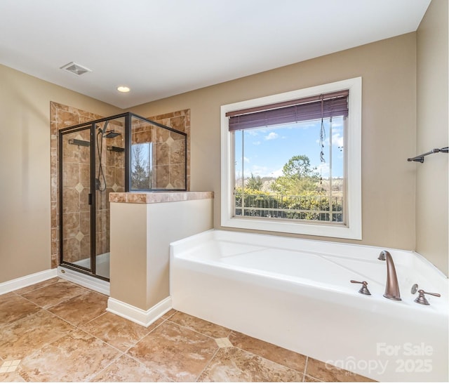 full bath with recessed lighting, visible vents, a shower stall, baseboards, and a bath