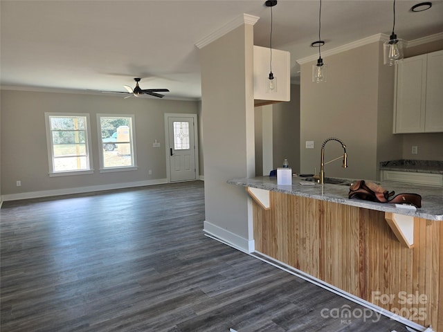 kitchen featuring light stone countertops, ornamental molding, and a sink