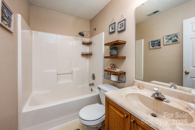 full bath with a textured ceiling, toilet, vanity, visible vents, and washtub / shower combination