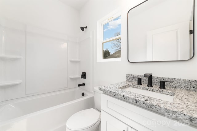 full bathroom with toilet, shower / washtub combination, and vanity