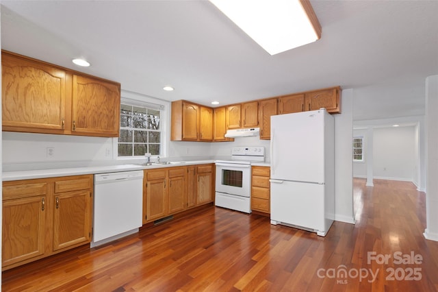 kitchen with under cabinet range hood, light countertops, dark wood-style floors, white appliances, and a sink