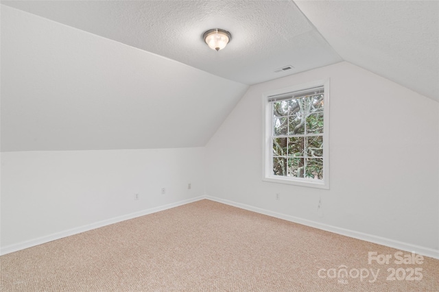 additional living space featuring visible vents, a textured ceiling, carpet floors, baseboards, and vaulted ceiling