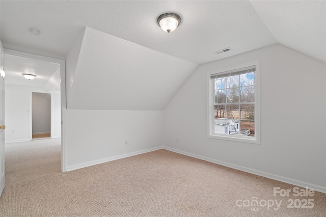 additional living space with carpet flooring, a textured ceiling, lofted ceiling, and baseboards