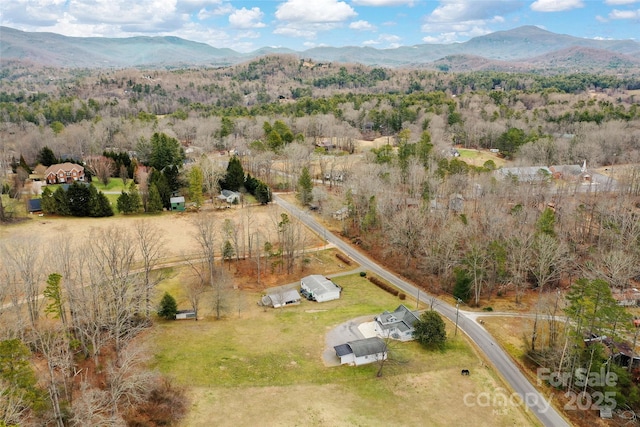 drone / aerial view featuring a rural view and a mountain view