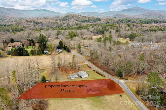 drone / aerial view featuring a mountain view