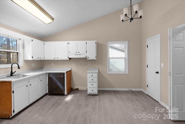 kitchen with a wealth of natural light, lofted ceiling, white cabinetry, a sink, and dishwasher