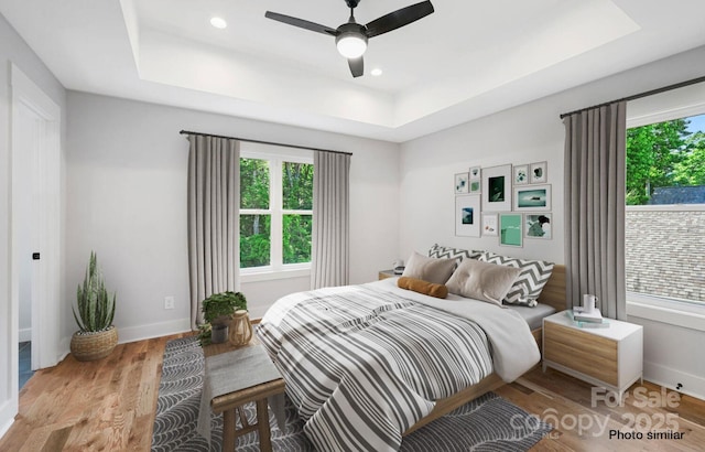 bedroom with baseboards, a raised ceiling, and wood finished floors