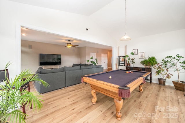 recreation room with billiards, baseboards, lofted ceiling, ceiling fan, and light wood-type flooring