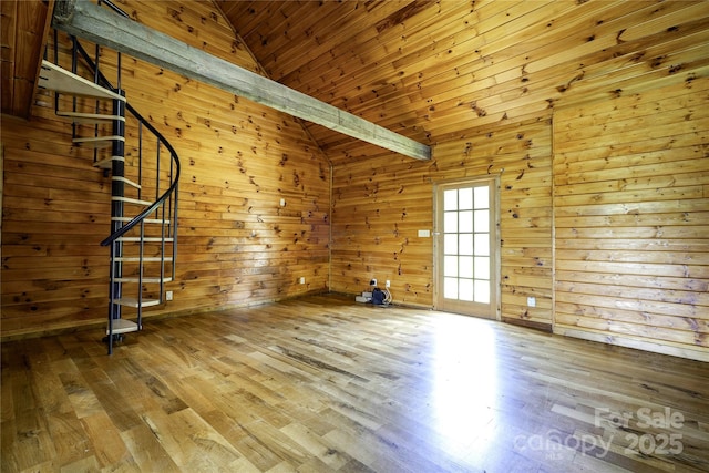 3640 Oak Haven Ln, Shelby, NC 28150 - unfurnished living room featuring lofted ceiling, hardwood / wood-style floors, stairway, wood walls, and wood ceiling