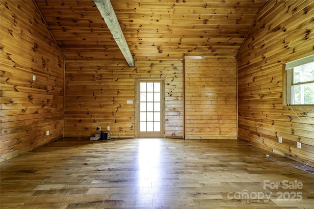 3640 Oak Haven Ln, Shelby, NC 28150 - unfurnished room featuring vaulted ceiling, wood ceiling, wood finished floors, and wooden walls