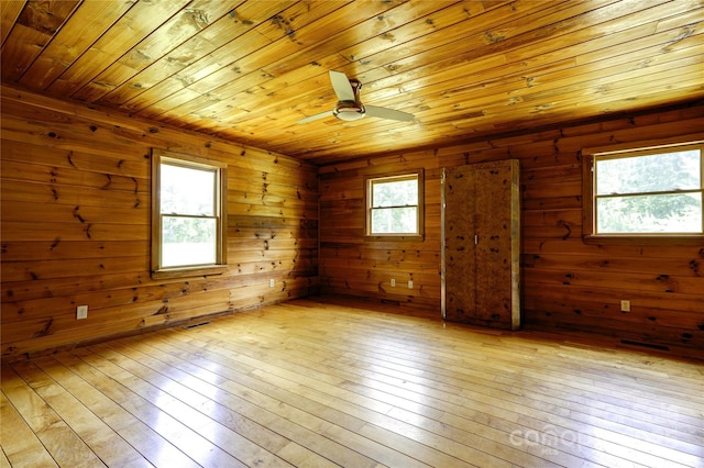 3640 Oak Haven Ln, Shelby, NC 28150 - spare room with light wood finished floors, wooden ceiling, a ceiling fan, and wood walls