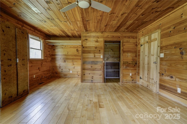 3640 Oak Haven Ln, Shelby, NC 28150 - unfurnished room with wood ceiling, wooden walls, hardwood / wood-style floors, a relaxing sauna, and ceiling fan