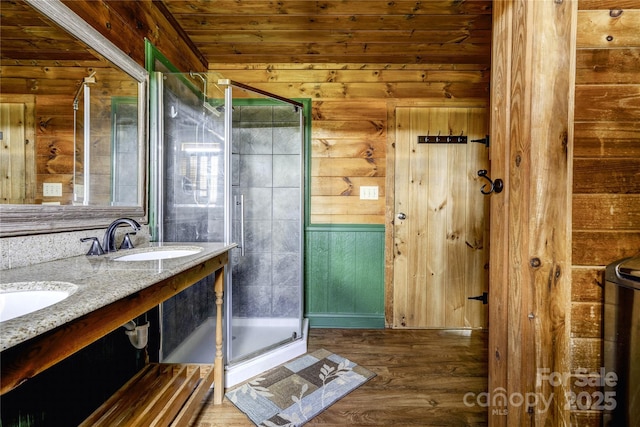 3640 Oak Haven Ln, Shelby, NC 28150 - bathroom with double vanity, a stall shower, wood walls, and wooden ceiling