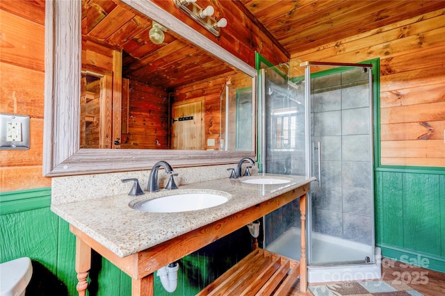 3640 Oak Haven Ln, Shelby, NC 28150 - bathroom featuring wooden ceiling, wooden walls, a shower stall, double vanity, and toilet