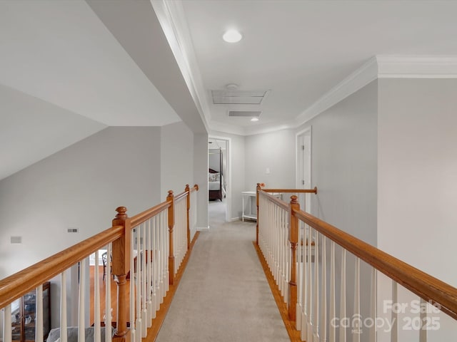 hall with visible vents, attic access, light colored carpet, recessed lighting, and an upstairs landing