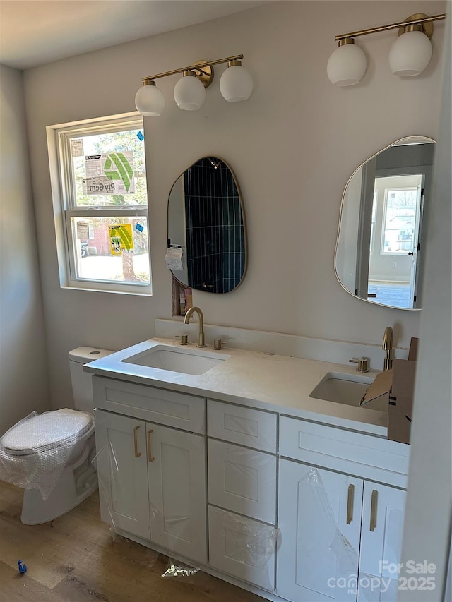 bathroom with double vanity, a sink, toilet, and wood finished floors