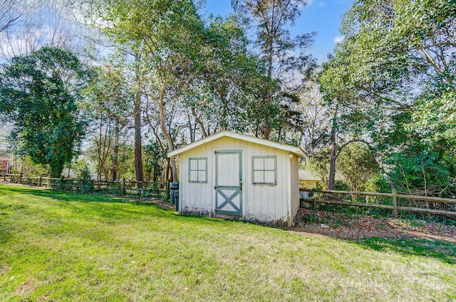 view of shed with a fenced backyard