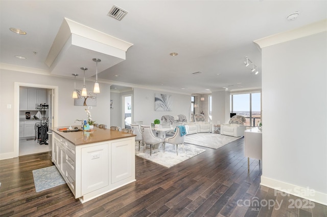 kitchen featuring a center island with sink, visible vents, ornamental molding, dark wood-type flooring, and white cabinets