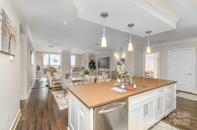 kitchen with a sink, dark wood-style flooring, open floor plan, and dishwasher