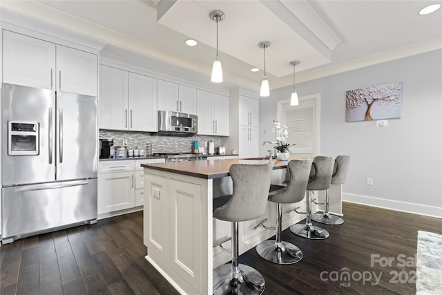 kitchen featuring a tray ceiling, a kitchen island with sink, dark wood-style flooring, stainless steel appliances, and tasteful backsplash