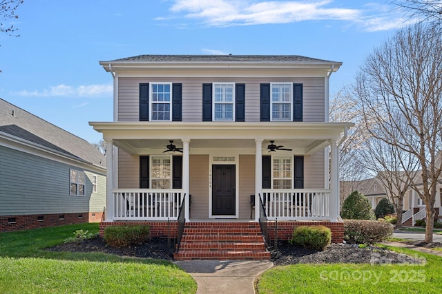 view of front facade with a porch and a ceiling fan