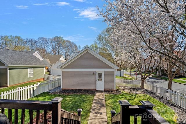 exterior space featuring an outbuilding and a fenced backyard