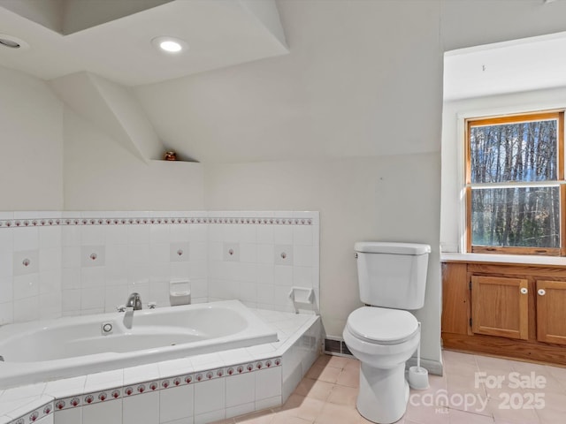 full bath with lofted ceiling, recessed lighting, toilet, tile patterned flooring, and a bath