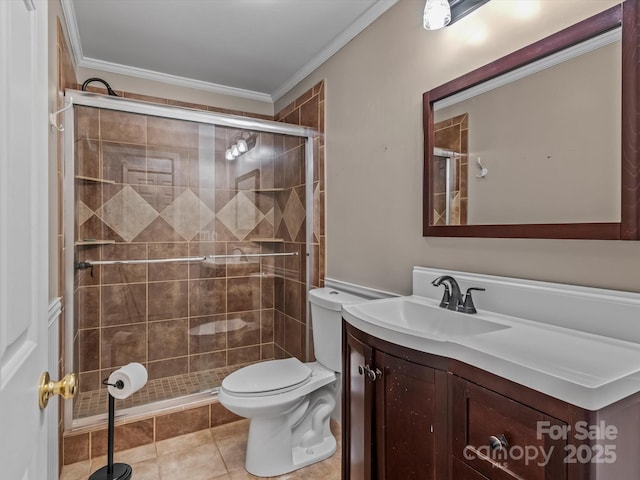 full bathroom with toilet, ornamental molding, a stall shower, vanity, and tile patterned flooring