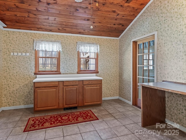 interior space featuring wallpapered walls, wood ceiling, vaulted ceiling, and tile patterned floors